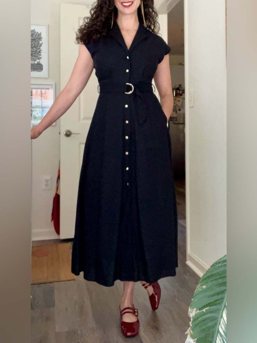 Zara Black Button-Front Belted Linen Maxi Dress with Gold Buttons - Size S